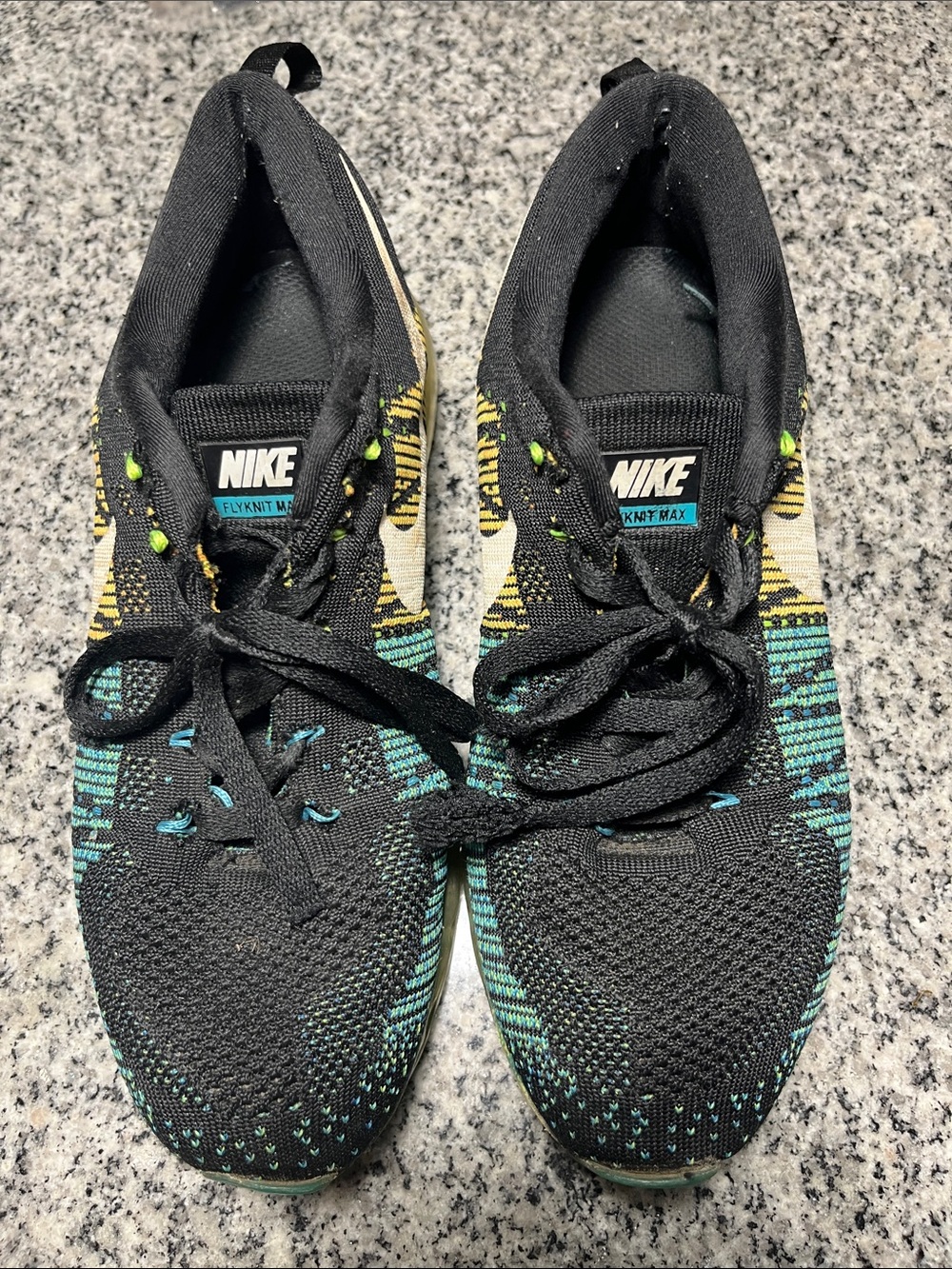 Nike Black Teal and Yellow Flyknit Athletic Shoes